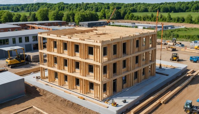 Modules bois préfabriqués assemblés sur un chantier hors-site