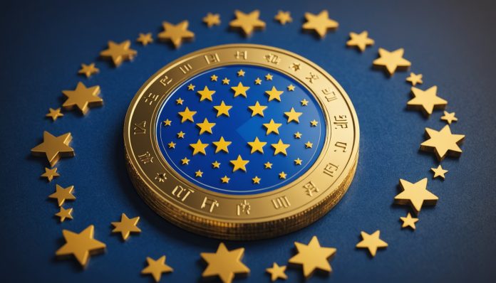 Piece de cryptomonnaie sur fond d etoiles europeennes symbolisant la regulation MiCA