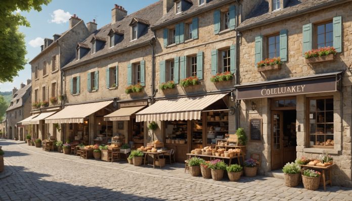 Rue commercante d'un village rural avec boulangerie et epicerie