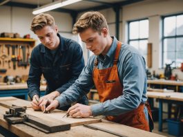Jeune apprenti en formation dans un atelier avec son maitre d'apprentissage
