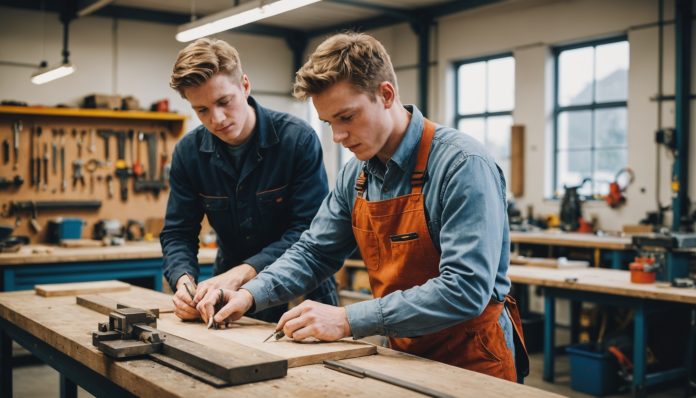 Jeune apprenti en formation dans un atelier avec son maitre d'apprentissage