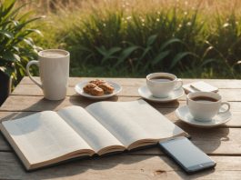 Smartphone pose face contre table, livre et cafe, ambiance deconnexion et slow living