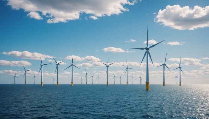 Parc éolien offshore en mer, éoliennes blanches