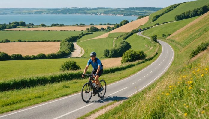 Cycliste sur une voie verte en Normandie près d'une gare régionale