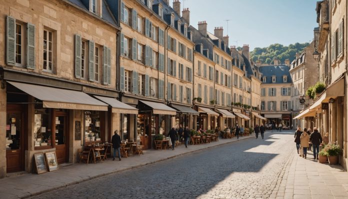 Rue commerçante d'un centre-ville français avec des commerces de proximité