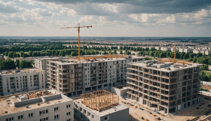 Vue aérienne d'un chantier de logements neufs en France, été 2026