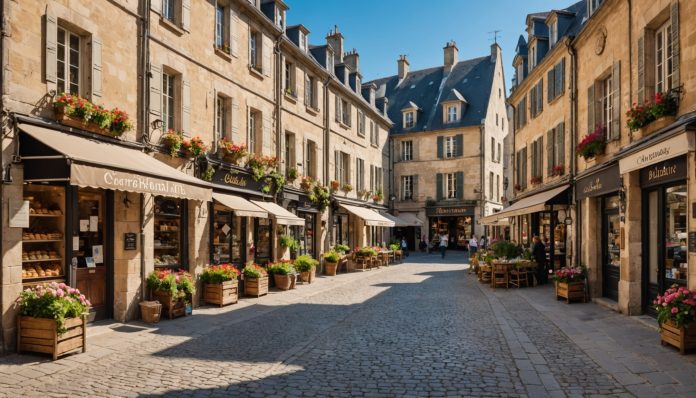 Rue commerçante animée d'un centre-ville français avec petites boutiques et passants