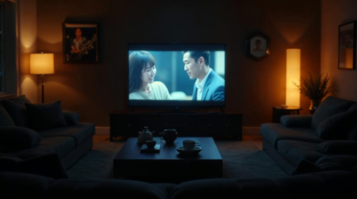 Televiseur diffusant une scene de drama coreen floutee dans un salon sombre