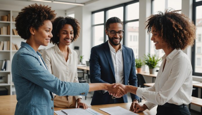 Salaries collaborant autour d'une table dans un bureau lumineux, symbole d'actionnariat salarie et de gouvernance partagee