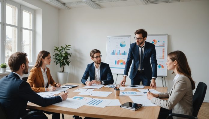 Réunion en entreprise autour de graphiques de recrutement dans un bureau moderne
