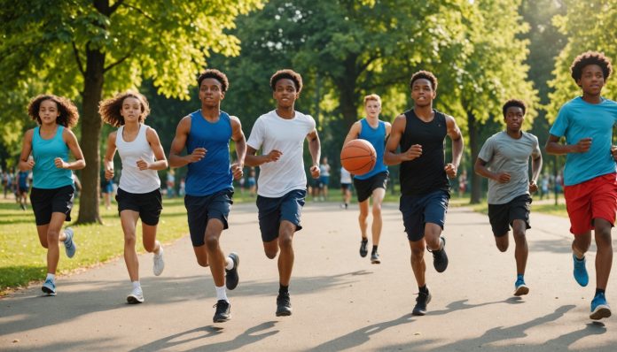 Groupe de jeunes faisant du sport en extérieur pendant la rentrée