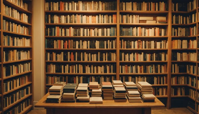 Rayonnages d'une librairie française avec piles de romans, ambiance chaleureuse de rentrée littéraire