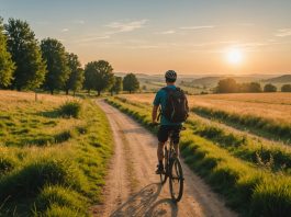 Micro-aventure : la tendance qui transforme les envies d’évasion des Français Cycliste faisant une pause sur un sentier de campagne au coucher du soleil, illustration de la micro-aventure