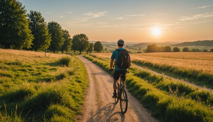 Cycliste faisant une pause sur un sentier de campagne au coucher du soleil, illustration de la micro-aventure