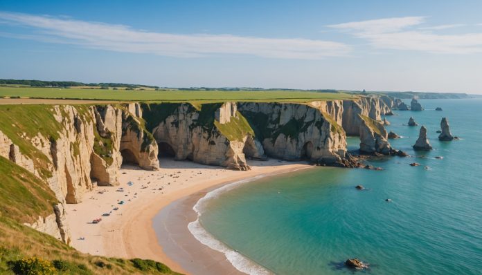 Paysage côtier du Nord-Ouest de la France, plage et falaises en été