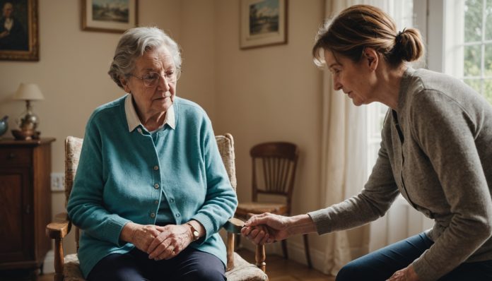 Une aide à domicile accompagne une personne âgée chez elle en France