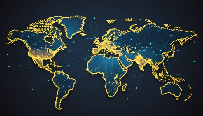 Carte du monde avec des lignes de connexion de données entre pays, symbolisant l'échange international d'informations sur les cryptomonnaies