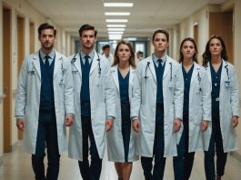 Groupe de jeunes internes en médecine en blouse blanche dans un couloir d'hôpital