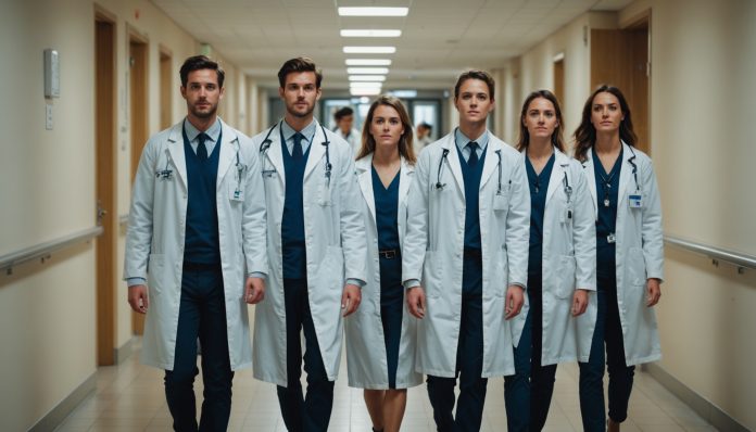 Groupe de jeunes internes en médecine en blouse blanche dans un couloir d'hôpital