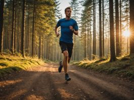 Coureur de trail sur un chemin forestier en pleine nature en France