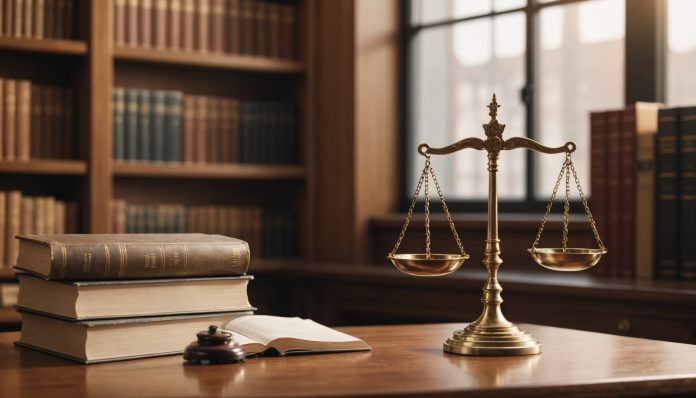 Statuette de la balance de la justice posée sur un bureau en bois, bibliothèque juridique en arrière-plan