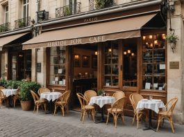 Terrasse de bistrot parisien avec chaises en osier et petites tables rondes