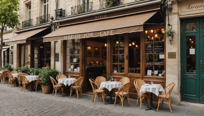 Terrasse de bistrot parisien avec chaises en osier et petites tables rondes