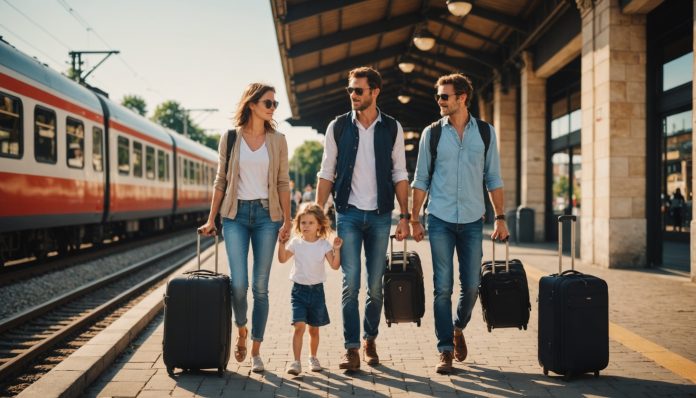 Famille avec valises se dirigeant vers un quai de gare un matin d'été