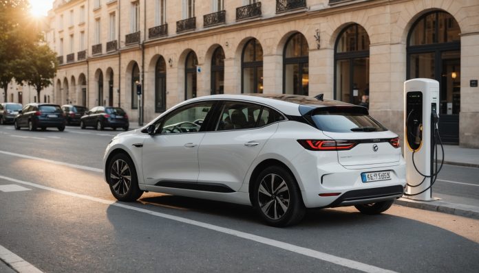 Voiture électrique branchée à une borne de recharge publique en ville
