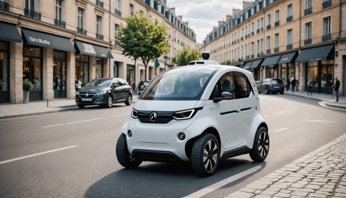 Robot de livraison électrique autonome circulant sur une route en ville, symbole de la nouvelle réglementation française
