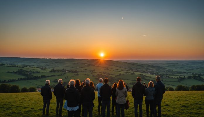 Eclipse solaire partielle au coucher du soleil observee depuis la France avec des lunettes de protection
