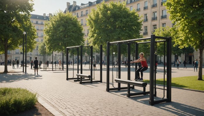 Personnes pratiquant le street workout sur des équipements en accès libre dans un parc urbain