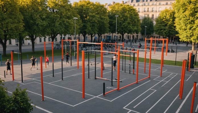 Parc de street workout en plein air avec barres de traction, personnes s'entraînant en extérieur