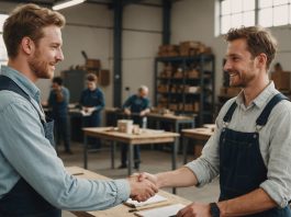 Jeune apprenti serrant la main de son tuteur dans un atelier de formation professionnelle