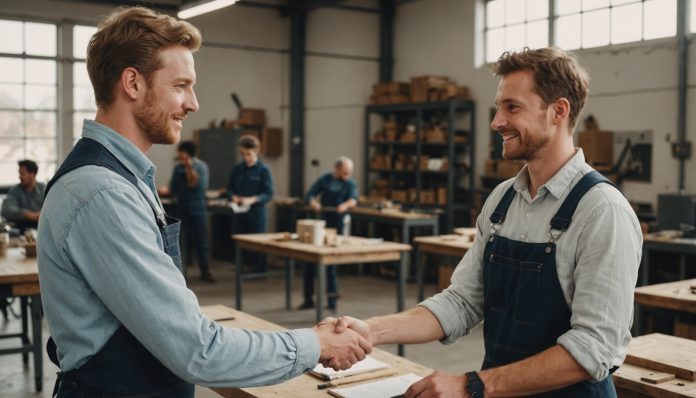 Jeune apprenti serrant la main de son tuteur dans un atelier de formation professionnelle