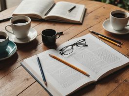 Cahier de vacances pour adultes ouvert sur une table en bois avec crayons et lunettes