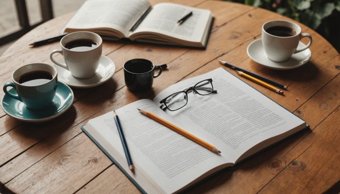 Cahier de vacances pour adultes ouvert sur une table en bois avec crayons et lunettes