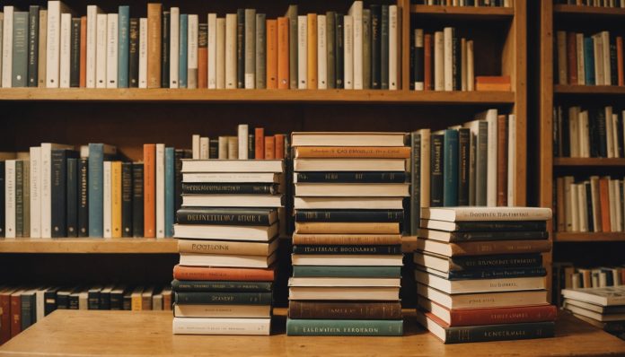 Piles de romans neufs sur une table de librairie indépendante française