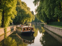 Bateau de croisière fluviale glissant lentement sur un canal français au coucher du soleil
