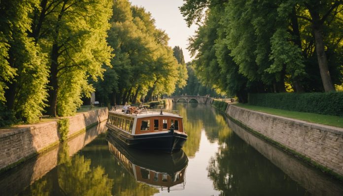 Bateau de croisière fluviale glissant lentement sur un canal français au coucher du soleil