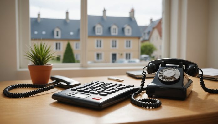 Téléphone et clé de maison sur un bureau d'agence immobilière