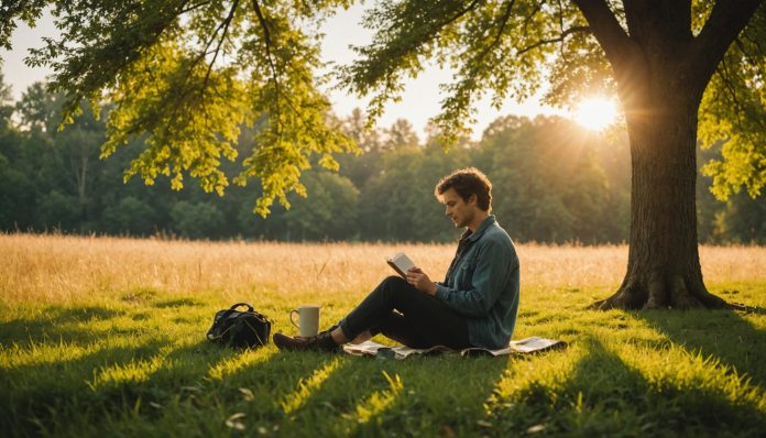 Personne se relaxant dans un cadre naturel apaisant, symbole d'un art de vivre plus simple