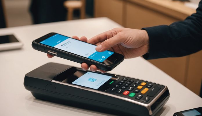 Smartphone utilisé pour un paiement mobile sans contact sur un terminal en boutique
