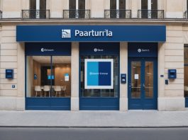 Illustration d'une agence bancaire moderne avec une application fintech sur smartphone, symbolisant la licence bancaire française de Revolut