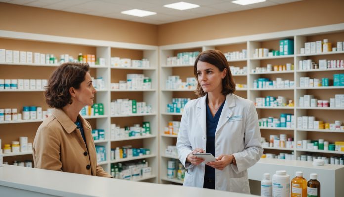 Pharmacien et patient lors d'un rendez-vous de prévention en officine