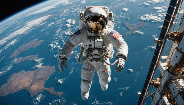 Astronaute en sortie extravéhiculaire près de l'ISS, illustrant la sortie spatiale de Sophie Adenot