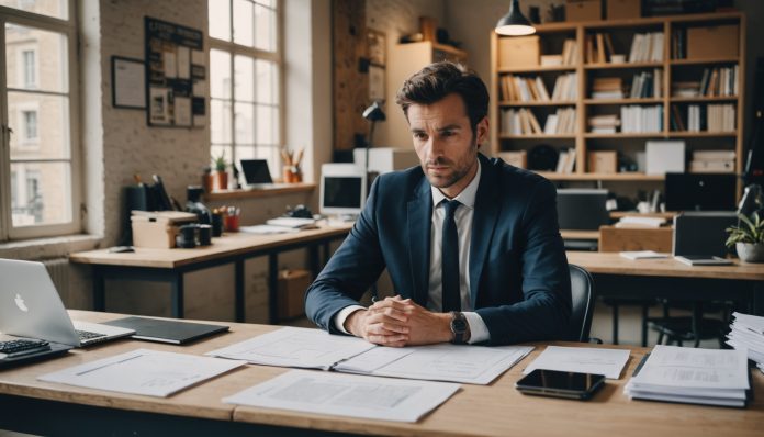 Entrepreneur français au travail dans son atelier, symbole des créations et défaillances d'entreprises