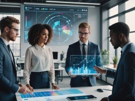 Jeunes professionnels utilisant une interface d'intelligence artificielle au bureau