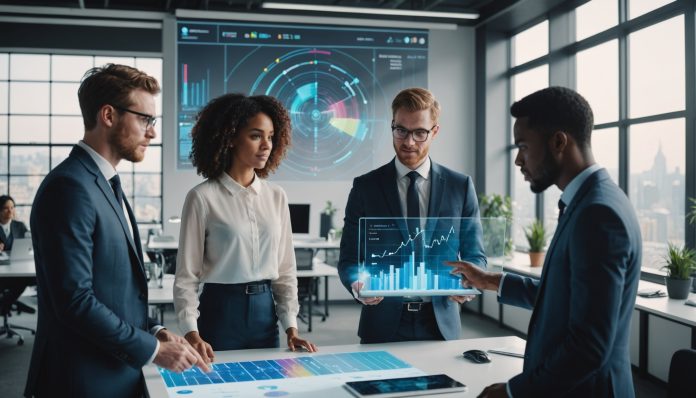 Jeunes professionnels utilisant une interface d'intelligence artificielle au bureau
