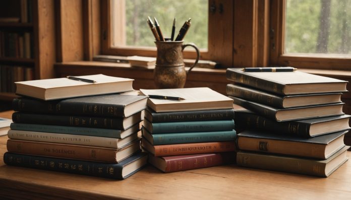 Plusieurs romans reliés disposés sur un bureau en bois, ambiance littéraire